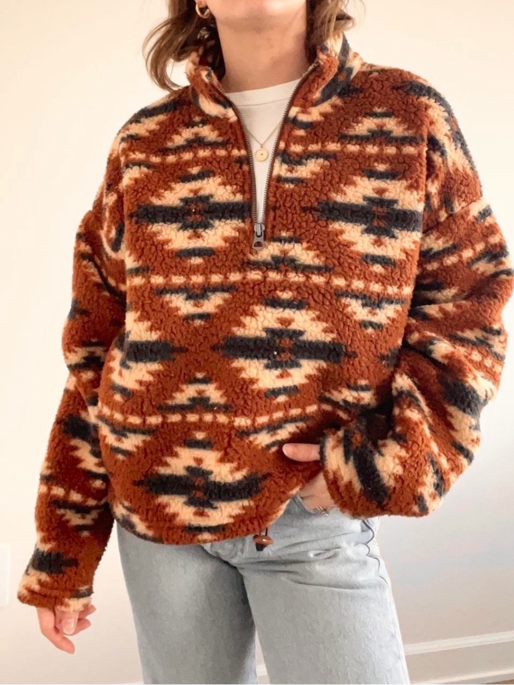 American Eagle Tribal Print Oversized 1/4 Zip Fleece Crop Jacket XL